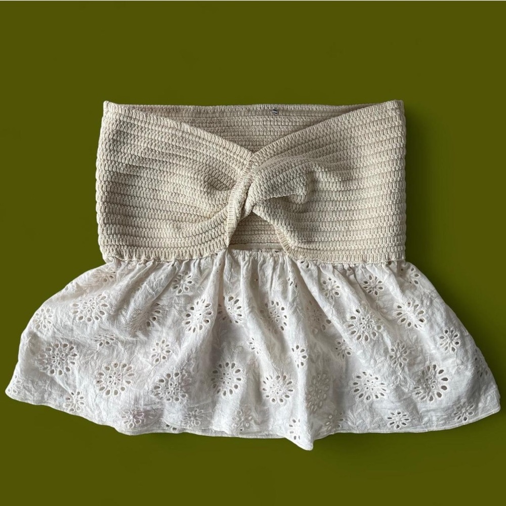 Zara Cream and White Crochet Eyelet Peplum Tube Top